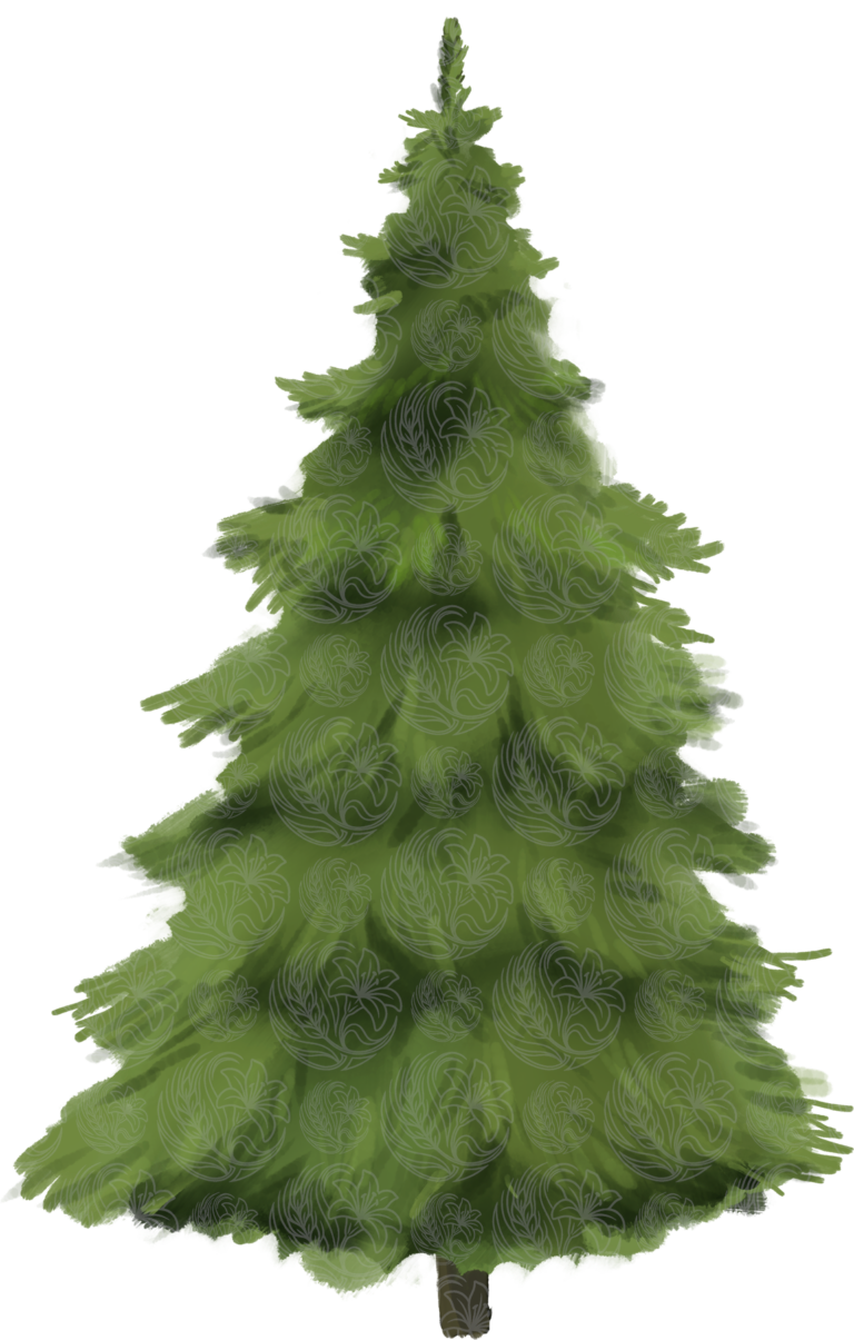 christmas tree illustrated with layered evergreen boughs and full conical shape, Grey Barn Handwerk, Saskatchewan.
